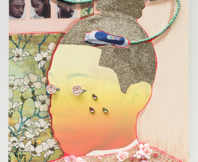 Devan Shimoyama b. 1989, Philadelphia, Pennsylvania; active in Pittsburgh, Pennsylvania Tasha 2018 Colored pencil, oil, collage, sequins, glitter, silk flowers, beads, and Flashe (vinyl emulsion paint) on canvas stretched over panel 48 x 36 in. Collection Pérez Art Museum Miami, m useum purchase with funds provided by PAMM’s Collectors Council, with additional funding provided by Craig Robins , c ourtesy of Pérez Art Museum Miami , © Devan Shimoyama